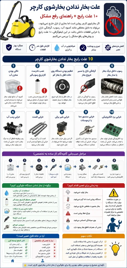 اینفوگرافی ۱۰ علت بخار ندادن بخارشوی کارچر و راهکارهای رفع مشکل